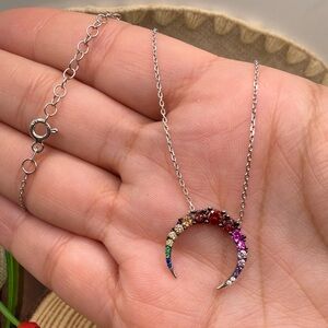 925 Silver Crescent Moon Necklace with Multicolor Stones